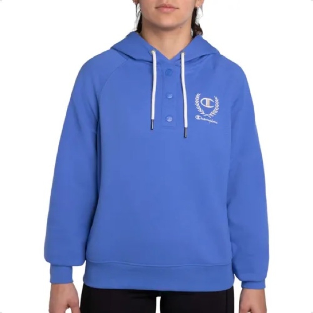 Champion Blue Snap Campus Fleece Laurel Script Hoodie Sweatshirt - Picture 2 of 7